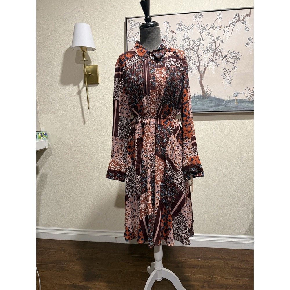 Nanette‎ Lepore Multicolor Floral Patchwork Belted Shirt Dress Long Sleeve 14